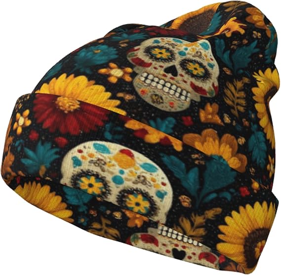 Winter Hats for Women Men Beanie Knit,Sugar Skull Black - sugar skull boots