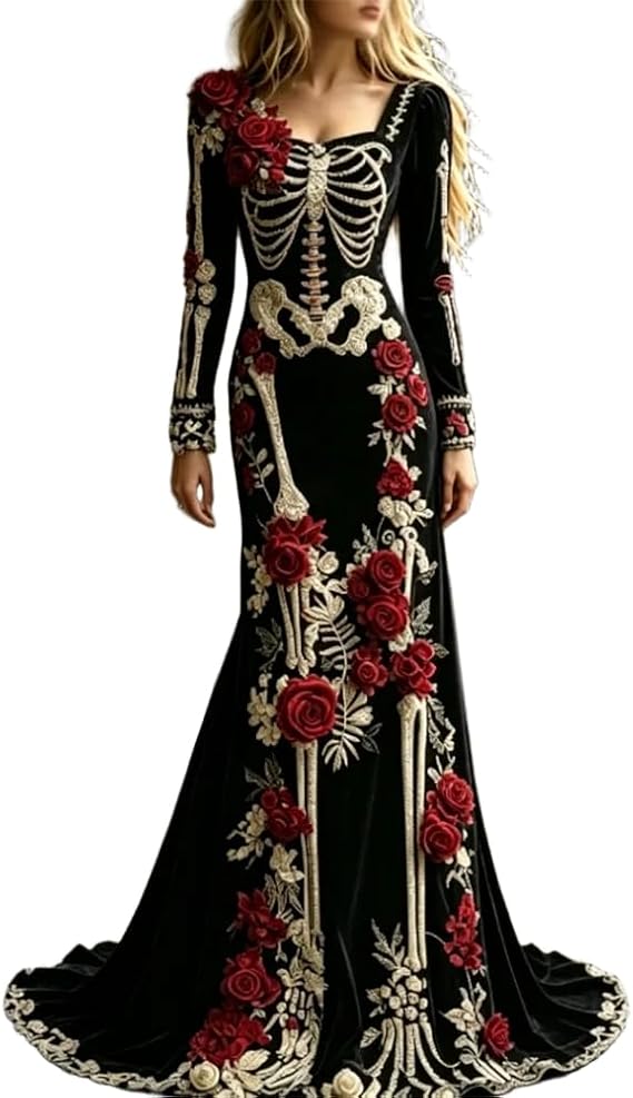 Women's Skeleton Maxi Dress Long Sleeve Gothic Halloween Floral Print Gown - sugar skull dress