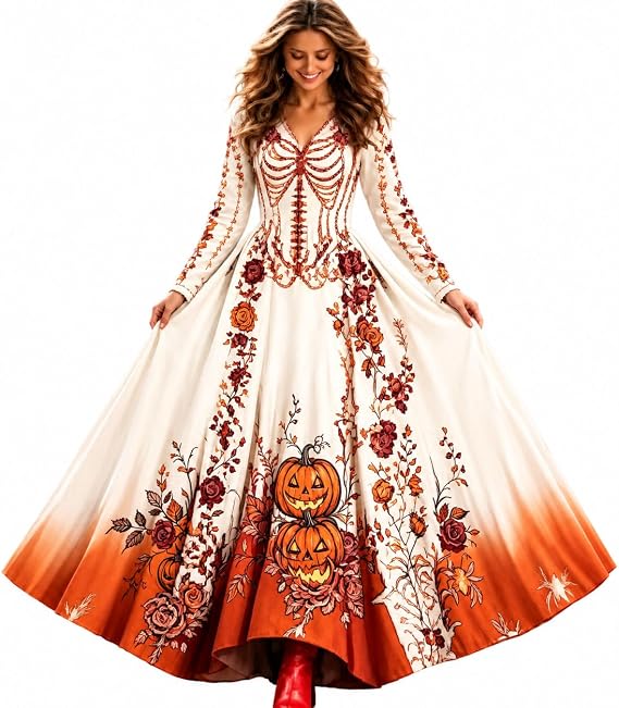 Women Halloween Sugar Skull Rose Print Maxi Dress Fall Halloween Party Gown - sugar skull dress