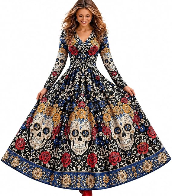 Women Long Sleeve V Neck Sugar Skull Floral Print Maxi Dress Halloween Fall Dress - sugar skull dress