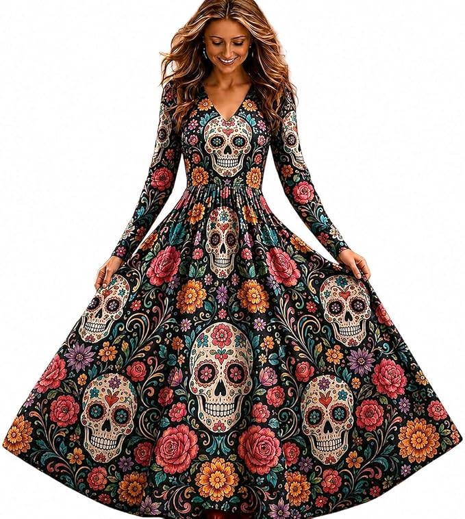 Women Long Sleeve Maxi Dress Sugar Skull Floral Print Halloween Fall Party Costume - sugar skull dress