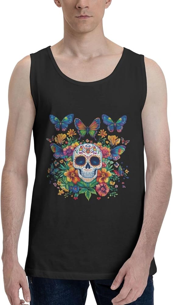 Augenstern Men Butterfly Sugar Skull Marigold Sleeveless Cotton Tank Top Shirt - skull tank tops