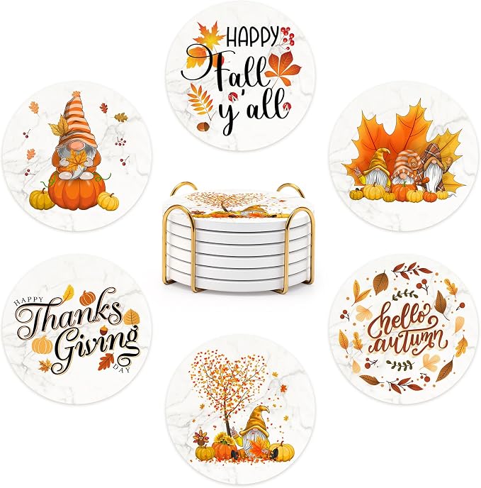 Fall Decor Cute Cup Coasters Set of 6 Gnomes Pumpkin Autumn Decoration - skull coaster