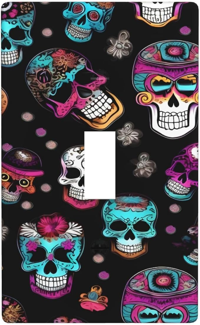 Sugar And Skulls Style Print Single Gang Toggle Light Switch Plate Decor, Standard Size 1-Gang 4.50" X 2.76" - skull plate
