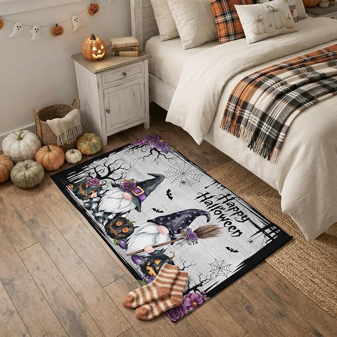 Halloween Spooky Gnome Pumpkin 2x3ft Area Rugs for Living Room,Black Bat Dead Tree Flower Non Slip Floor Mat Washable Low-Profile Indoor Carpet for Bedroom,Dining Room,Bathroom - skull toilet mat