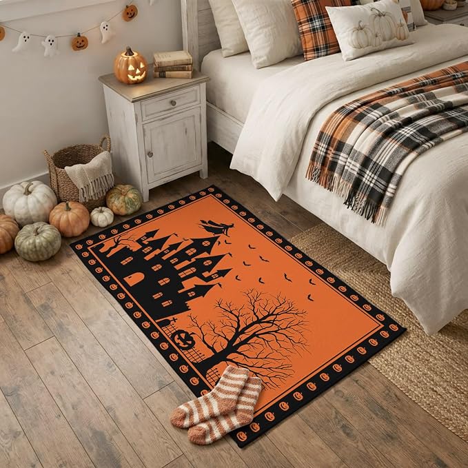 Halloween Haunted Castle Pumpkin Dead Trees 2x3ft Area Rugs for Living Room,Witch Bat Orange Back Non Slip Floor Mat Washable Low-Profile Indoor Carpet for Bedroom,Dining Room,Bathroom - skull toilet mat