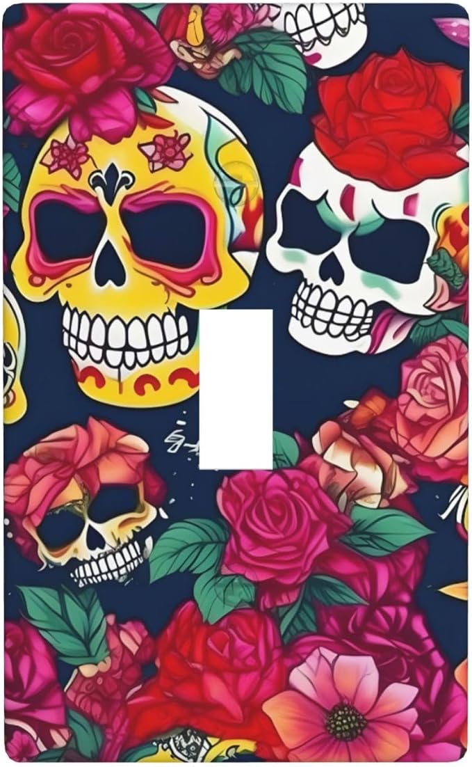 Sugar And Skulls And Flowers Print Single Gang Toggle Light Switch Plate Decor, Standard Size 1-Gang 4.50" X 2.76" - skull plate
