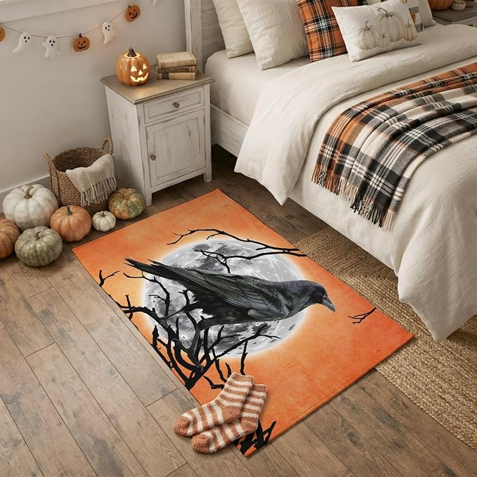 Halloween Crow Moon Orange Gradient 2x3ft Area Rugs for Living Room,Dead Branches Non Slip Floor Mat Washable Low-Profile Indoor Carpet for Bedroom,Dining Room,Bathroom - skull toilet mat