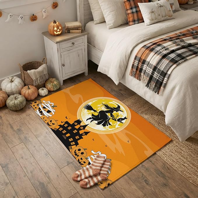 Happy Halloween Witch Orange Moon 2x3ft Area Rugs for Living Room,Dead Trees Pumpkin Haunted House Non Slip Floor Mat Washable Low-Profile Indoor Carpet for Bedroom,Dining Room,Bathroom - skull toilet mat