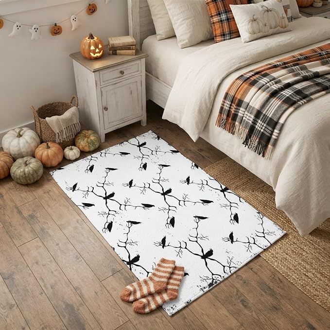 Happy Halloween Black Crow Seamless 2x3ft Area Rugs for Living Room,Horror Dead Branch White Back Non Slip Floor Mat Washable Low-Profile Indoor Carpet for Bedroom,Dining Room,Bathroom - skull toilet mat