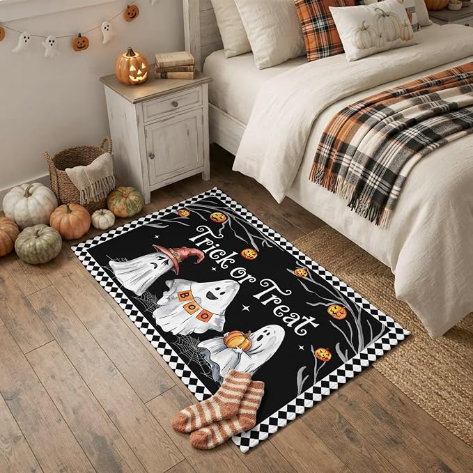 Halloween Ghost Pumpkin Witch Hat 2x3ft Area Rugs for Living Room,Black Checker Dead Trees Non Slip Floor Mat Washable Low-Profile Indoor Carpet for Bedroom,Dining Room,Bathroom - skull toilet mat
