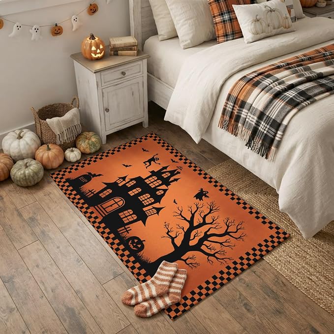 Haunted House Halloween Dead Trees Ghost Bat 2x3ft Area Rugs for Living Room,Black Shadow Scary Orange Non Slip Floor Mat Washable Low-Profile Indoor Carpet for Bedroom,Dining Room,Bathroom - skull toilet mat