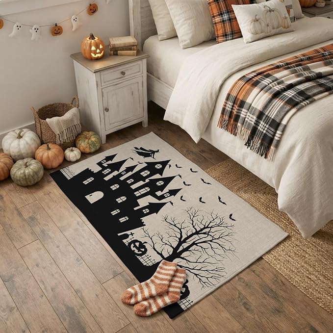 Halloween Haunted Castle Witch Riding Broom Bat 2x3ft Area Rugs for Living Room,Dead Trees Black Shadow Non Slip Floor Mat Washable Low-Profile Indoor Carpet for Bedroom,Dining Room,Bathroom - skull toilet mat
