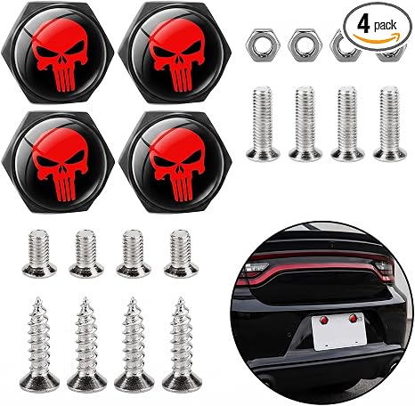 4 PCS License Plate Screws Fastener Kit, Aluminum Alloy Red Skull Anti-Theft License Plate Bolts, Frame Hex Screw Decorative Fasteners, Universal for Most Cars, Motorcycle (Black) - skull plate