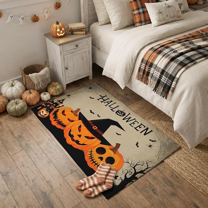 Halloween Orange Pumpkin Witch Hat 2x3ft Area Rugs for Living Room,Spiders- Web Dead Trees Haunted House Non Slip Floor Mat Washable Low-Profile Indoor Carpet for Bedroom,Dining Room,Bathroom - skull toilet mat