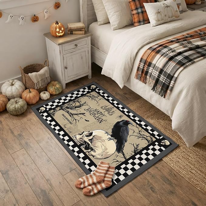 Halloween Skeleton Black Crow Gothics 2x3ft Area Rugs for Living Room,Dead Trees Black Plaid Non Slip Floor Mat Washable Low-Profile Indoor Carpet for Bedroom,Dining Room,Bathroom - skull toilet mat