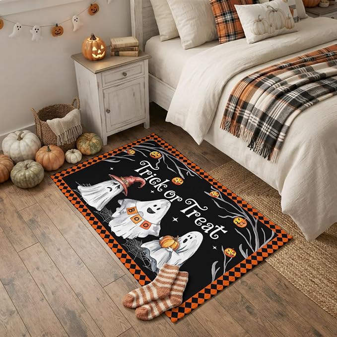 Happy Halloween Ghost Boo Pumpkin Witch Hat 2x3ft Area Rugs for Living Room,Orange Plaid Dead Trees Non Slip Floor Mat Washable Low-Profile Indoor Carpet for Bedroom,Dining Room,Bathroom - skull toilet mat