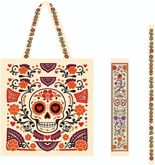 Day of the Dead Canvas Tote Bag, 12oz Cotton Canvas Sugar Skull Floral Dia De Los Muertos Shoulder Handbag, Reusable Grocery Shopping Bag for Halloween Mexican Festival Gift - sugar skull handbags for sale