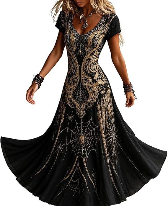 Skeleton Print Long Maxi Dress for Women Gothic Halloween Costume - sugar skull dress