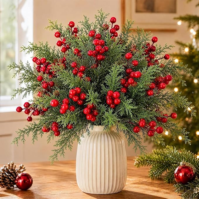 Artificial Christmas Picks,4 Bundles Norfolk Pine Stems with berries - skull wreath
