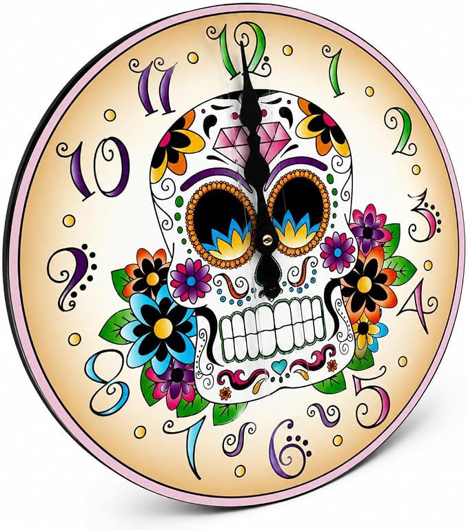 Day of the Dead Sugar Skull Wall Clock 12 Inch, Dia de Muertos Floral Decor - skull wall art