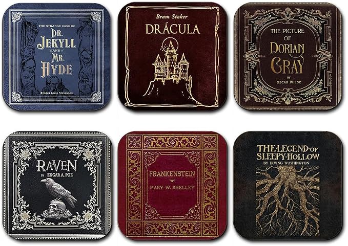 Gothic Literature Coaster Set. Dracula, Frankenstein, Sleepy Hollow, The Raven, Jekyll and Hyde, Dorian Gray. Bookish Home Decor Halloween - skull coaster
