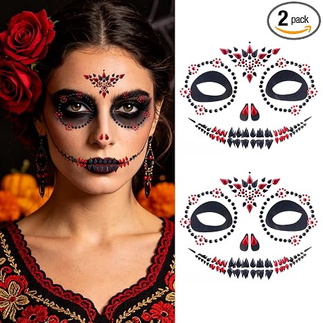 Doneace Halloween Face Jewels Temporary Tattoos Day Of The Death Face Gems - sugar skull makeup