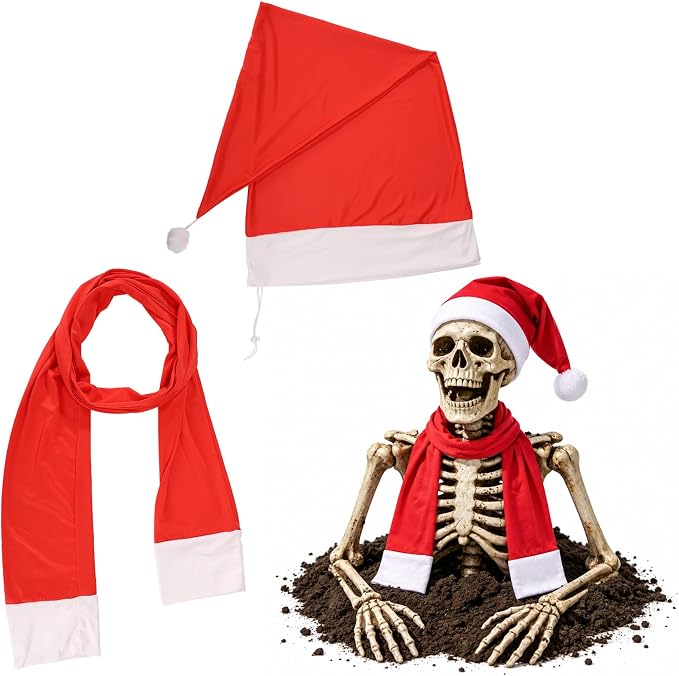 Giant Ground-Breaking Skeleton Christmas Costume, Santa Hat&Scarf Outfit - skeleton