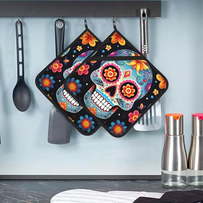 Sugar Skulls Pot Holder 2 Pcs Heat Resistant Oven Mitts - skull coaster