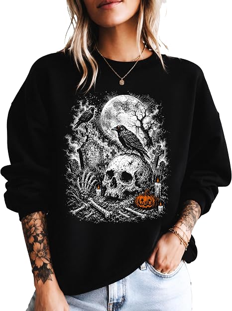 Olive Loves Apple Skull Cemetery Sweatshirt for Women Spooky Graveyard Crow Full Moon Halloween Crewneck Teen Girls - skull sweatshirts