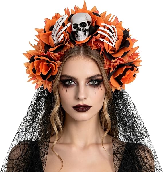 Kokoma Day of the Dead Skull Hand Flower Crown Black Veil Headband - skull headband