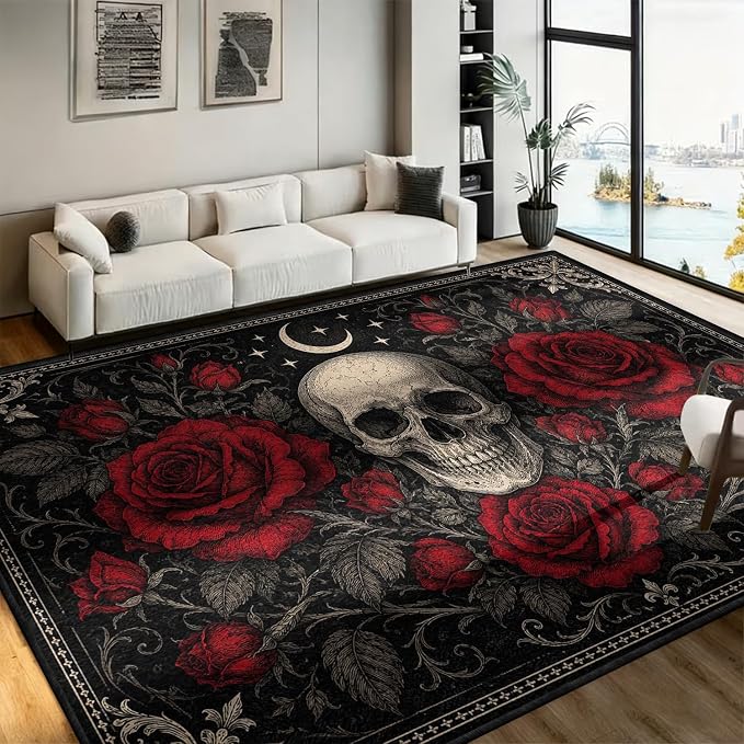 Gothic Skull Red Rose Area Rug, 4' x 5', Dark Academia Room Decor Carpet - skull carpet