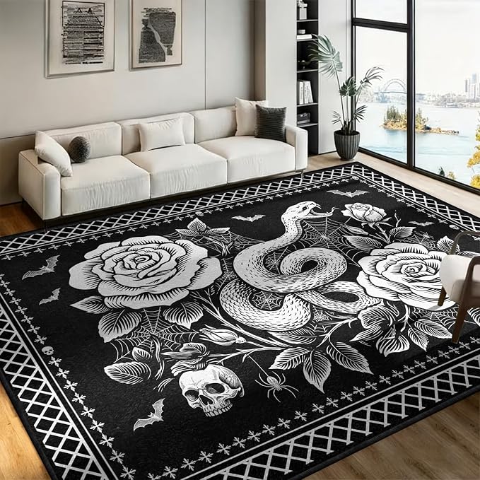 Black White Gothic Snake Rose Area Rug, 8'x10' Vintage Skull Floral Carpet - skull carpet