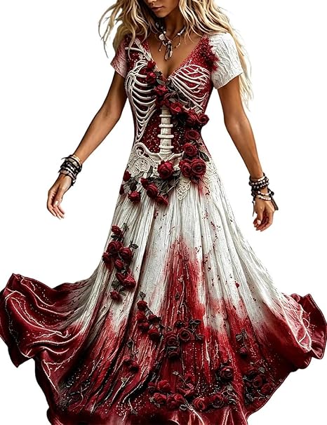 Skeleton Print Long Maxi Dress for Women Gothic Halloween Costume - skeleton