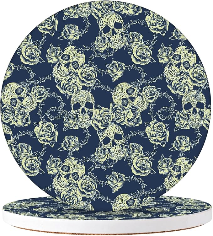 Halloween 2 Pack for Absorbent Bar Coasters, 3.93 Inch (10cm) Easy Clean Ceramic Drink Coaster-Skull - skull coaster