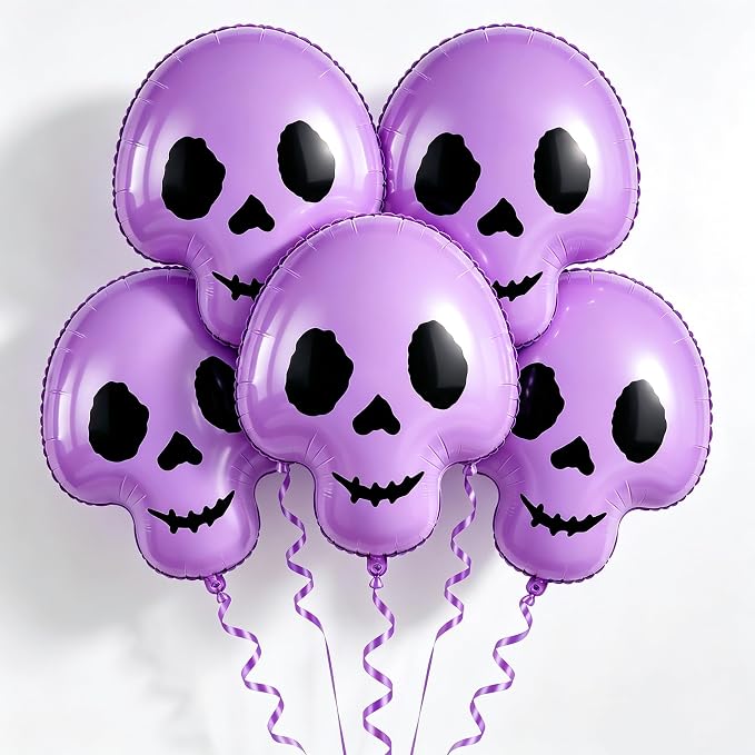 5Pcs Purple Skull Foil Balloons/20 Inch Halloween Party Decorations/Cute Spooky Skeleton Head Helium Balloons for Haunted House, Trick or Treat, Gothic Birthday, Spooky Season Halloween Supplies - skull inflatable