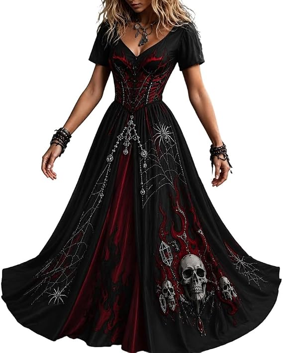 Skeleton Print Long Maxi Dress for Women Gothic Halloween Costume - sugar skull costume