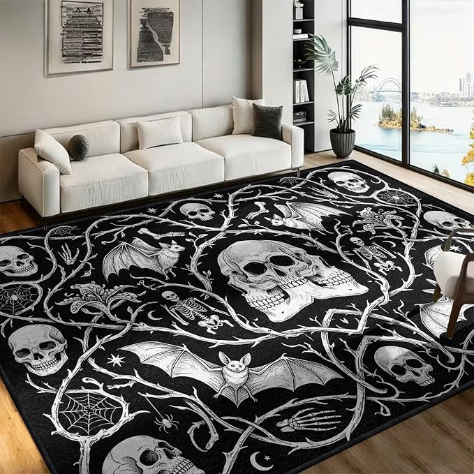Dark Gothic Skull Area Rug, 8x10ft, Witchy Occult Multi-Faced Carpet - skull rug