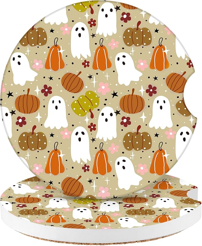 Halloween Car Coasters 2 Pack for Cup Holders, 2.56 Inch Ceramics Absorbent Easy Clean Heat Resistant Anti Slip Cork Base Car Drinks Coasters Auto Accessories-Ghost - skull coaster