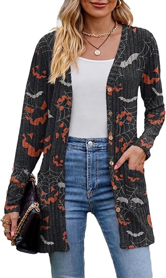 Askyes Womens Cardigan Sweater Long Sleeve Lightweight Open Front Button Closure Fall Cardigans for Women Casual with Pockets - skull jacket