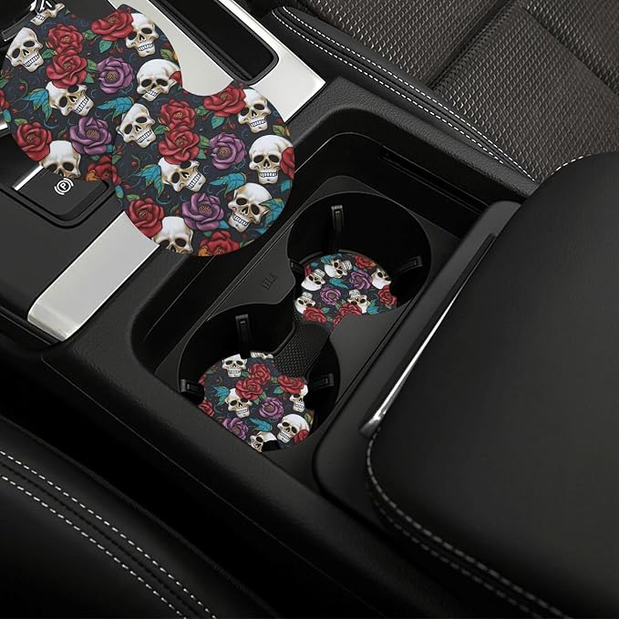 Car Coasters 2 Pack Neoprene Waterproof Anti-Slip Cup Holder Coasters - skull coaster