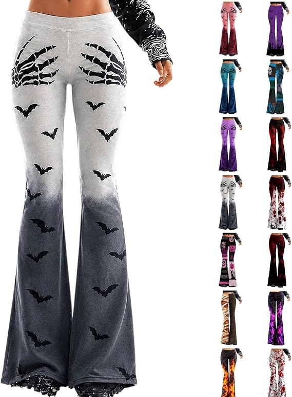 Halloween Leggings Women Flare Pants Pumpkin Skulls Printed Elastic Tights Yoga Legging Workout Pant - sugar skull costume