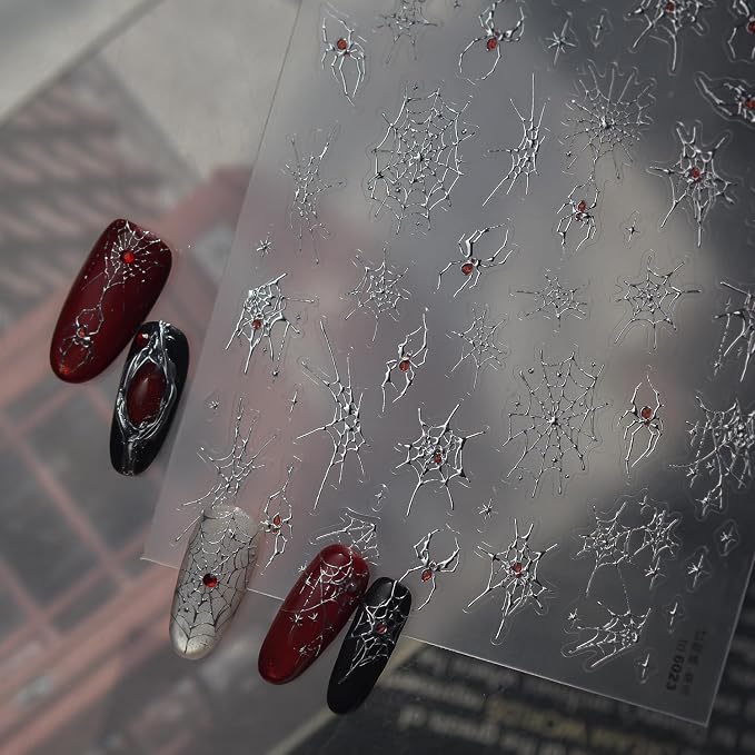 1 Sheet Spider Nail Art Stickers 5D Self Adhesive Halloween Nail Decals Red Silver Spider Web Design Gothic Halloween Nail Stickers Metallic Spider Nails Accessories for Acrylic Nails Decorations - skull sticker