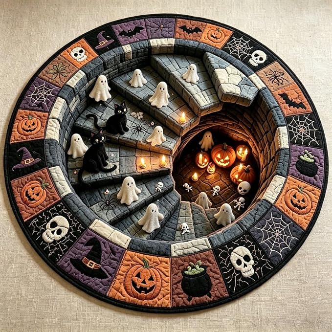 3D Halloween Rugs, 3D Rugs Optical Illusion, Round Area Mat, Ghost Skeleton Pumpkin Rug for Living Room Bedroom Door Indoor Party, Non-Slip Soft Quilted Halloween Decor (G, 47 * 47'') - skull door mat