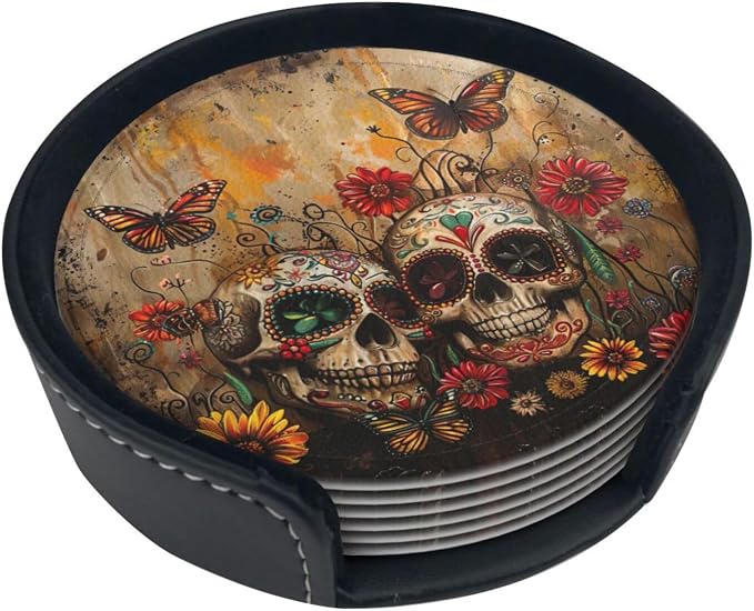 Set of 6 Round PU Leather Sugar Skulls Butterfly Print Coasters with Patterns and Matching Storage Box - skull coaster