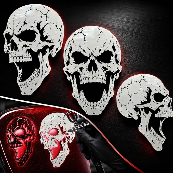 LiME LiNE Airbrush Stencil Kit - Automotive Custom Paint Templates for Painting Cars, Trucks, Motorcycles, Hot Rods & DIY (9-Piece Screaming Skull Stencil Set) - skull painting