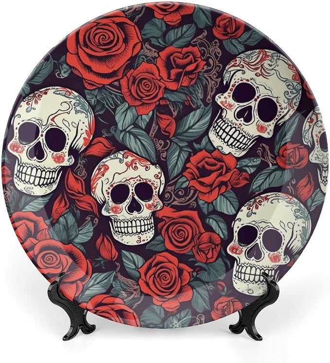 Sugar Skulls And Red Roses Ceramic Decorative Plate with Stand - skull sticker