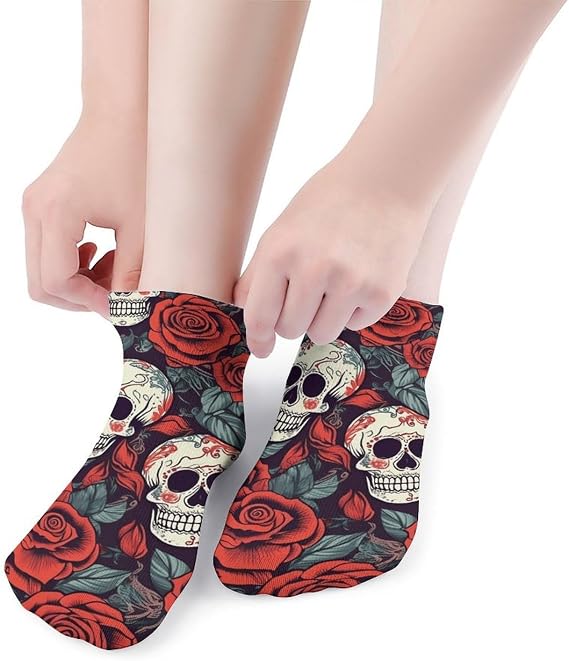 5 Pairs Sugar Skulls And Red Roses Ankle Socks Breathable Low Cut Socks - sugar skull costume