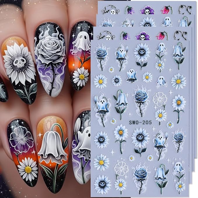 Halloween Gothic Nail Stickers, 4PCS Ghost Skull Sunflower Dark Floral Bat Spider Self Adhesive Halloween Nail Art Sticker Decals DIY Holiday Manicure Decorations Accessories for Women - skull sticker