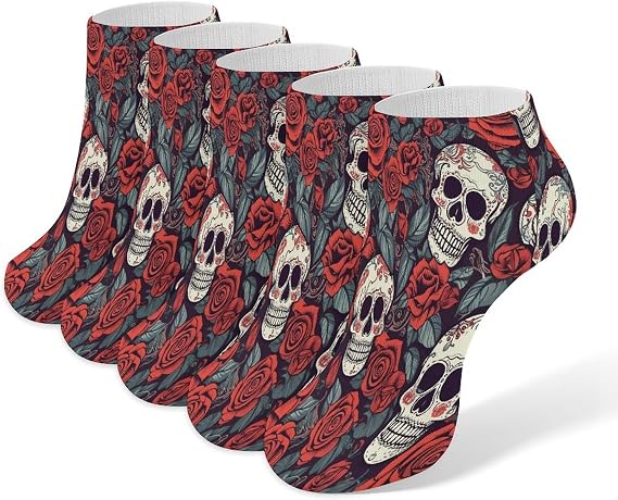 Sugar Skulls And Red Roses Ankle Socks for Men Women 5 Pairs - sugar skull costume